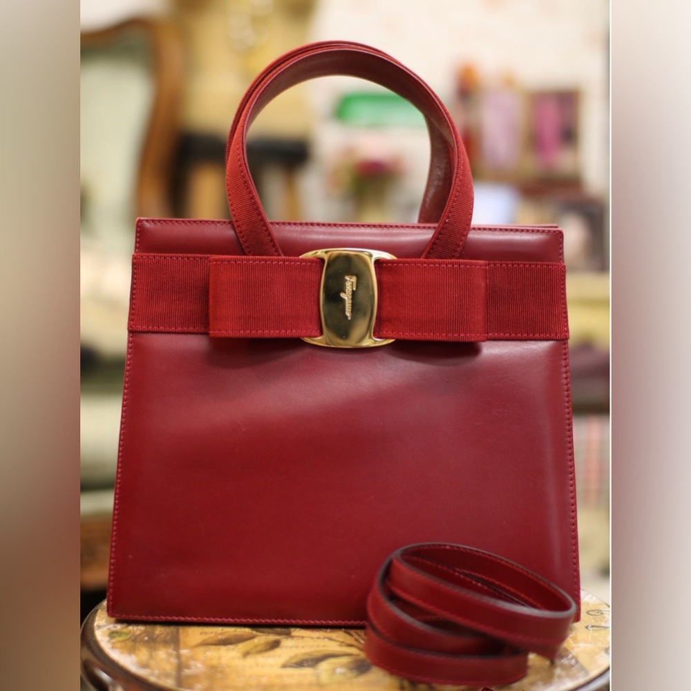 Vintage Salvatore Ferragamo Vara Ribbon Red Calf Leather Shoulder bag w/…